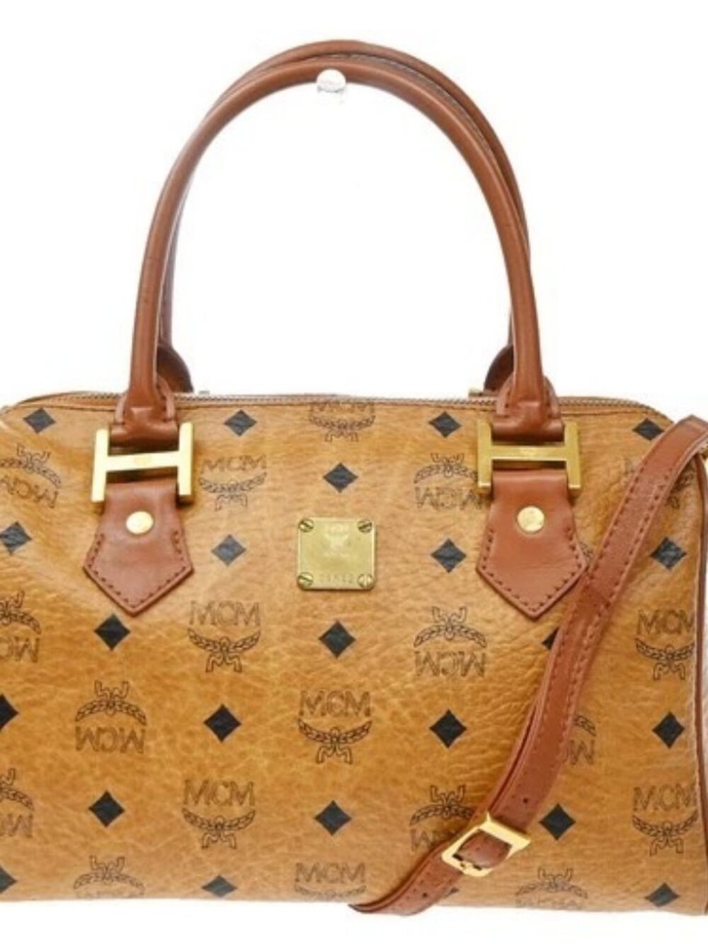 MCM Logo Visetos Pattern 2Way Shoulder Hand Bag Leather Brown Cognac GHW 33EG419